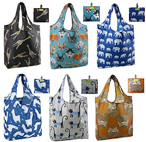 BeeGreen Shopping Bags Cloth Grocery Bags Foldable Travel Bag Tote Bags Bulk - Reusable Gift Bags with Handles (6 Pack) - Heavy Duty Large Washable Animal Holiday Design for Women Travel & Groceries​