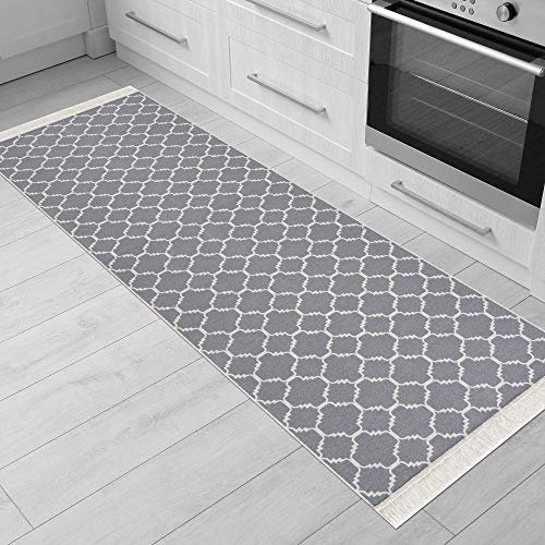 Fashion4Home Teppich Läufer - Tepiche für Wohnzimmer, Schlafzimmer, Küche, Kinderzimmer, Badezimmer - Boho Kelim - Läufer Flur, Hellgrau-Weiß, Größe: 60x90 cm