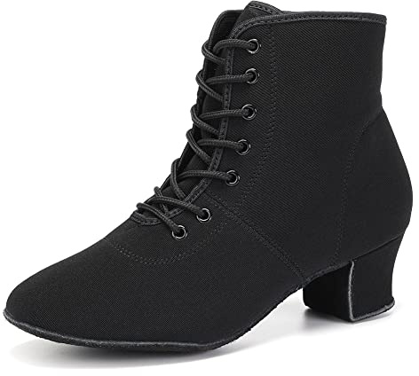 HROYL Botines de Baile Latino Mujer con Tacón Bajo Zapatos de Baile Salsa y Bachata de Salon Negro-5-S,EU 37.5