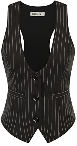 GRACE KARIN Black Vest for Women Blazer Vintage Pinstripe Vest Suit Jackets