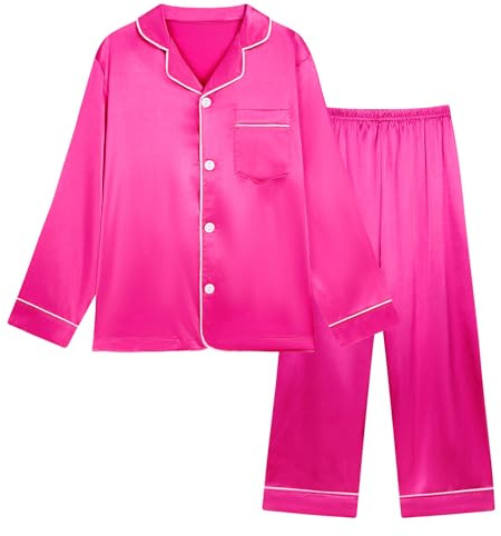 Miyanuby Conjunto de pijama de satén de seda con botones para niñas y niños, ropa de dormir de 2 piezas, regalo para bebés y niños, 13-14 años