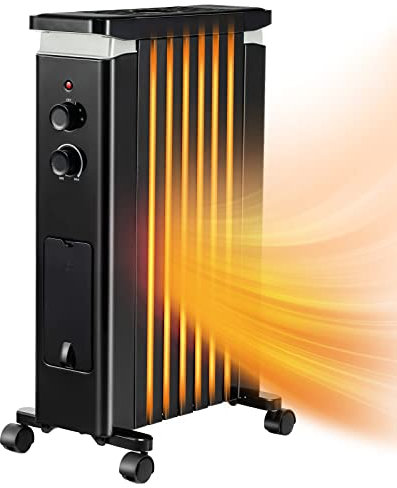 GYMAX Radiatore ad Olio 600 W/ 900 W/ 1500 W, Riscaldatore Elettrico Portatile con 3 Calore Regolabile, Protezione da Surriscaldamento e Ribaltamento, Silenzioso con Ruote, 40x26,5x68,5 cm