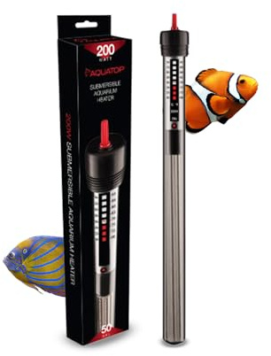 Aquatop 200W Submersible Aquarium Glass Heater – Adjustable Temperature for Tanks Up to 50 Gallons, Freshwater & Saltwater Use, GH-200