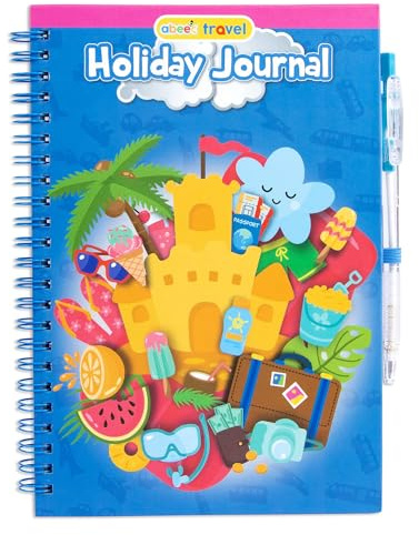 abeec Kids Holiday Journal with Pen | Travel Essentials for Kids Aged 6+ | Summer Activity Book with Puzzles Checklists & Games | 16 Activity Sheets & 34 Lined Pages | Plane Car & Caravan Fun