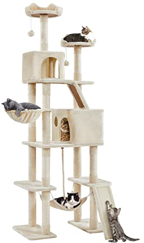 Yaheetech Albero Tiragraffi per Gatti Altezza 209 cm in Truciolato e Corda in Sisal con Condomini Posatoi e Amaca per Gioco e Pisolini Multilivello Beige