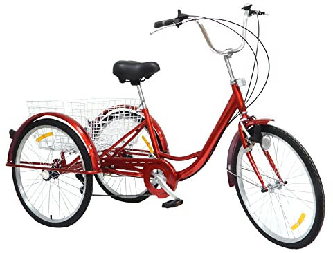 HANGKAI 24 tum trehjuling för vuxna, 6-växlad cykel med 3 hjul, seniorcykel, lastcykel
