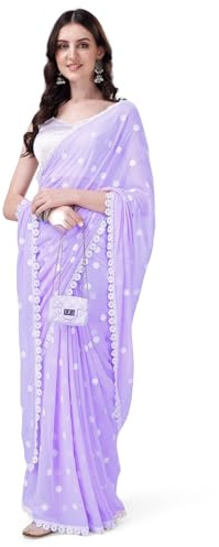 Women's Georgette Saree with Embroidery Lace Border Work Designer Saree with Unstitched Blouse Piece (Lilac)
