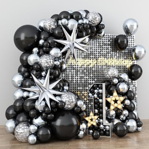 Black and Silver Balloon Garland Arch Kit with 3pcs Star Balloons, Silver and Black Balloon Confetti Latex Balloons for Birthday Wedding Graduation Baby Shower Disco Anniversary Party Decorations