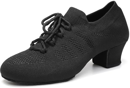 Uonpie Mujer Zapatos de Práctica de Baile con Cordones Puntera Cerrada Zapatos de Baile Salsa Tango Moderno Jazz Tacón Bajo Negro, 38 EU