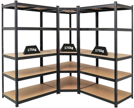 PROREGAL Mega Deal 1x étagère d'angle et 2X étagère Robuste Taurus | HxLxP 180x180x60cm | Charge du Compartiment 175kg | Noir | Étagère de Garage, étagère de Cave