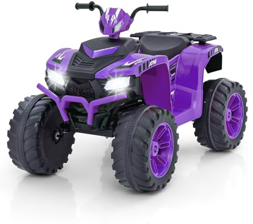 GYMAX Kids Electric Quad Bike, 24V Battery Powered Toy Car with Wireless Connection, USB, Music, Radio, Lights, Soft Start, Forward & Backward, Children Ride on ATV for 3 Years Old+ (Purple)