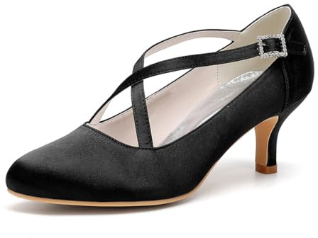 Strappy Crossover Mary Jane Bridal Shoes Mid Stiletto Heel Satin Work Party Court Shoes Pumps,Black,9 UK