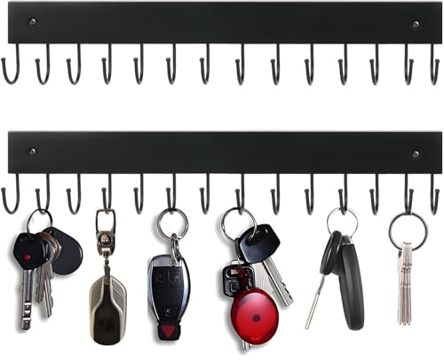 AnDock 2Pack Key Holder Wall Mount with 28 Rotating 180° Key Hooks, 14.6 Rustproof Organizer Hanger for Apartment Decor, Wall Storage Rack for Entryway, Living Room, Hallway, Bathroom, Kitchen(Black)