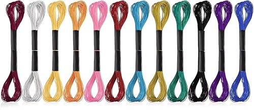 12 Skeins Multi-Color Glitter Metallic Embroidery Threads - Silk Satin Polyester Embroidery Floss for Cross Stitch, DIY Craft Projects & Friendship Bracelets