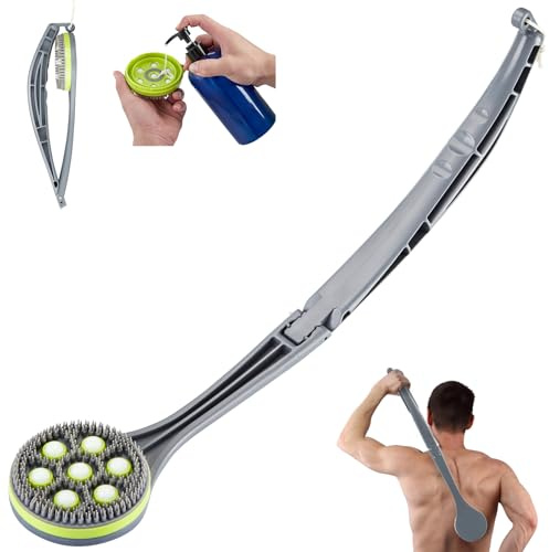 LYIGEOL Aplicador de loción de 21 pulgadas para espalda, limpiador corporal de silicona, cepillo de baño plegable con depósito de gel de ducha, limpiador de espalda para ducha con mango curvado para