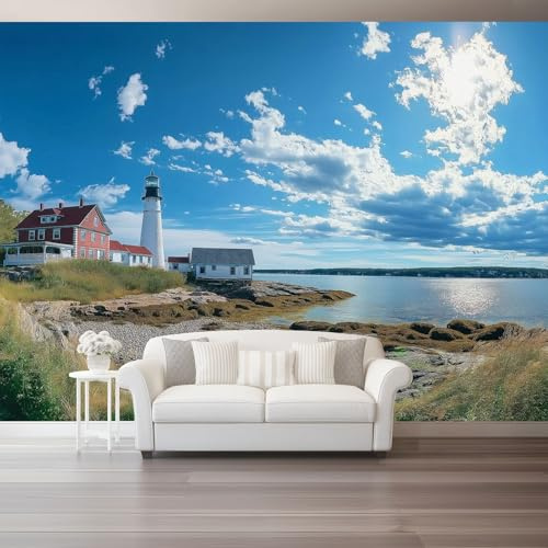 Papel tapiz fotográfico 350 x 256 cm Revestimiento de paredes decoración de salón Diseño Faro Natural Cielo Azul para dormitorio, sala de estar, papel tapiz no tejido, decoración de pared, Azul