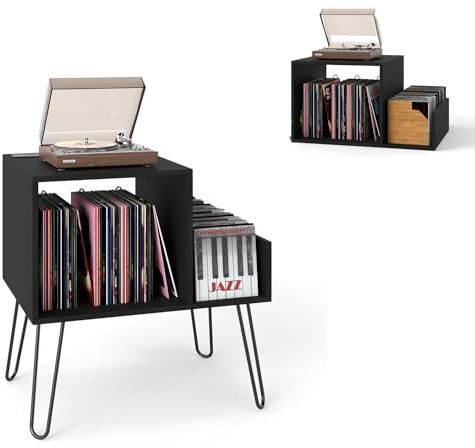 KOMFOTTEU Supporto per Giradischi con Stazione di Ricarica, Porta Dischi Vinile Vintege con Pareti Divisorie e Ripiano Laterale, Espositore per Dischi in Vinile Fino a 145 Album, 66x45x67cm (Nero)