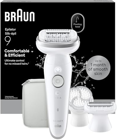 Braun Depiladora Eléctrica Mujer Silk·épil 9, Depiladora Corporal con Peine Recortador, Cepillo Exfoliante Y Funda, Resistente al Agua, Depila, Rasura Y Recorta,, Depilación Suave Duradera, 9-061