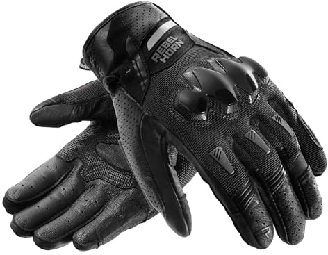 REBELHORN Defender Guanti da Moto Uomo | Pelle | Protezioni per le Caviglie | Pannelli di Ventilazione | Fodera Cooler-Tec | Supporto per Touchscreen | Livello di Protezione 1 KP