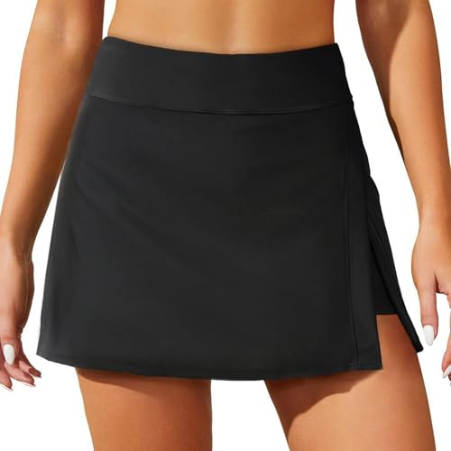 LXEASYGO Womens Swim Skirt with Shorts High Waist Skirted Bikini Bottoms Side Slit Tummy Control Swimming Skirts for Beach & Pool (UK, Alpha, S, Regular, Regular, Black)