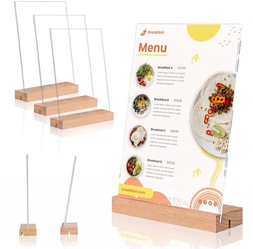 Eulihent 4 Pezzi Espositore Plexiglass A5 Espositore da Tavolo A5 Trasparente Porta Menu da Tavolo Espositori Plexiglass A5 Legno T Forma Porta Cartelli in Acrilico (21x14,8cm)