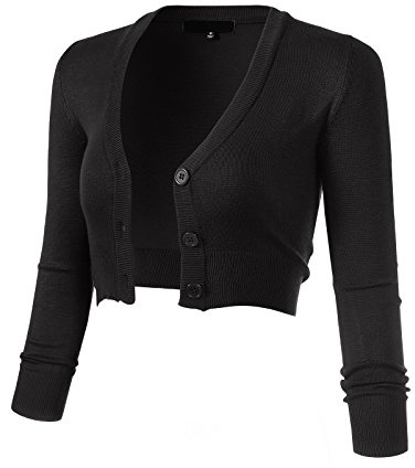 Allsense Women's 3/4 Sleeve Cropped Bolero Shrug Button Down Cardigan Sweater Lightweight Knit, Solid Black, M