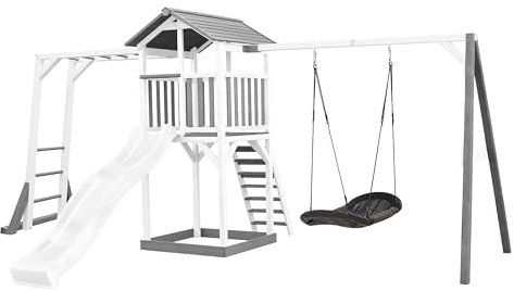 AXI Beach Tower Wooden Play Tower in Grey and White | Play tower with Sandpit, climbing frame, nesting swing and white slide | Play house on stilts for the garden