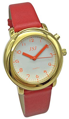 VISIONU Montre Parlante Femme Analogique avec Alarme Annonce de l'heure et Date en Français, Couleur Dorée, Bracelet Cuir (Rouge)