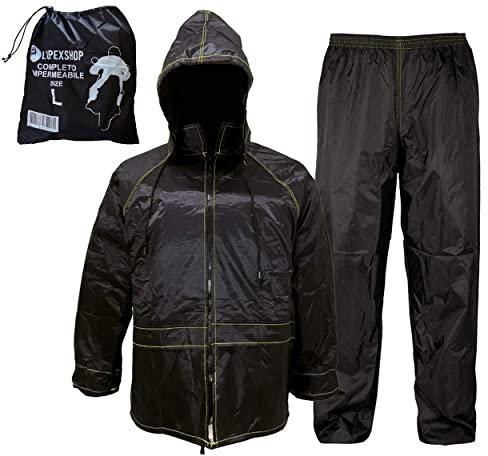 Auto Accessori Lupex - Combinaison de moto imperméable à la pluie coupe-vent, taille S 40/42, avec sac, couleur noire, ensemble de veste et pantalon de pluie à capuche rétractable, unisexe pour homme