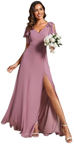 Ever-Pretty Abiti da Damigella d'Onore Arco Maniche Corte Scollo A V Stile Impero Spacco Abiti da Sposa Orchidea 46