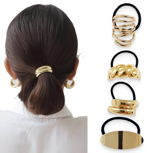4 Pièces Manchette de Cheveux, Or Bijoux Cheveux, Attache Cheveux Femme en Métal, Elastique Cheveux pour Queue de Cheval Accessoire de Corde de Cheveux