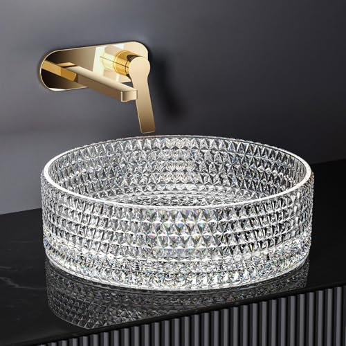 EMKE Lavabo à Poser en Verre Cristal, Lavabo Rond Transparent, 360 x 360 x 112 mm, Lavabo de Haute Qualité pour Salle de Bain et WC Invités, Vasque Sans Trou pour Robinet