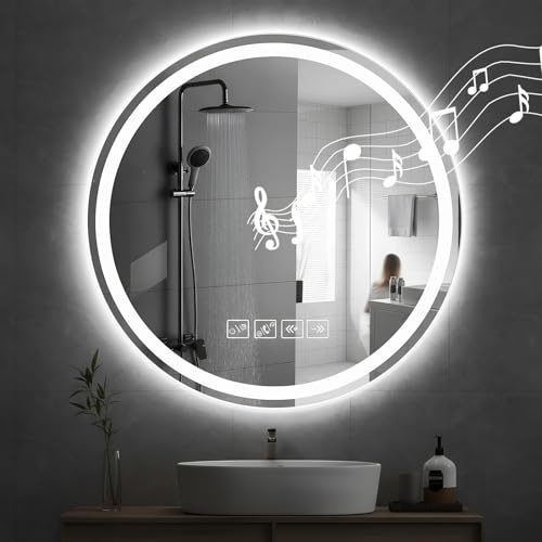Sararoom Espejo Baño con Luz 60cm, Espejo-Baño-LED-Bluetooth, Espejos de Pared con Reloj, Función Antivaho, 3000K/4000K/6500K, Regulable, Memoria, Cristal Templado HD, IP44 Espejos LED Retroiluminado