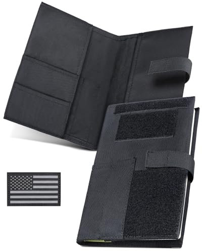 Tactical Book Cover for 5.5 x 8 Military Log Book, Green Book Protective Holder, Detachable Army Field Notebook Cover with Flag Patch, for Protecting Notes, Book(Black, 5.7x8.7 in)