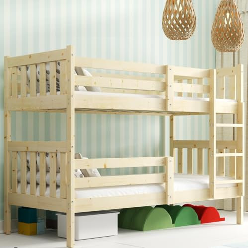 Interbeds Etagenbett Hochbett Stockbett aus Kiefernholz roh mit Leiter und Lattenrost Naturholz Schublade (200x90)