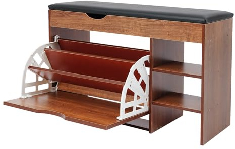 Shoe Bench with Cushion, Entryway Shoe-Changing Benchs with Seat, Storage Bench with Hidden Compartments Cabinet Shoe Rack with Flip-Open Storage Box for Living Room, Bedroom, Hallway (Oak Color)