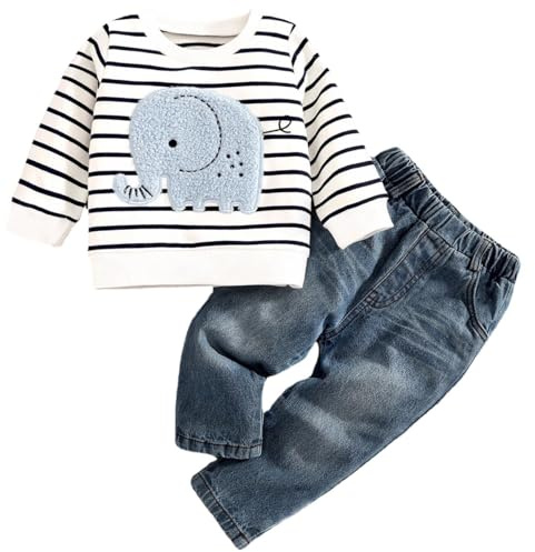 LUVCES Conjunto de Otoño para Bebé Niño Pequeño Manga Larga Bordado de Elefante a Rayas Sudadera Top y Pantalón Vaqueros 2 Piezas Primavera Ropa de Trajes Elefante de rayas blancas 6-9 Meses