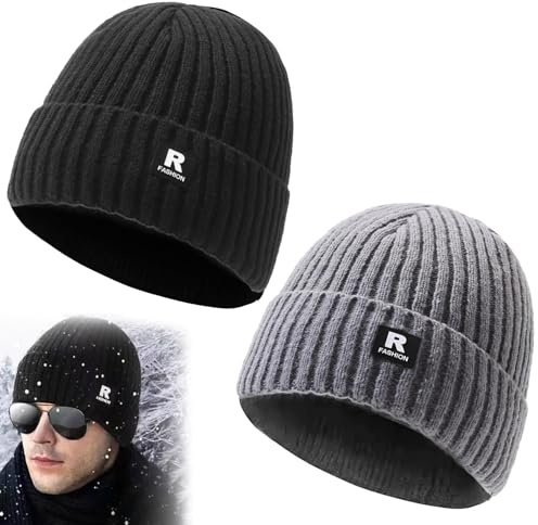 Gainsten 2pcs Beanie Hat for Men and Women Winter Wooly Warm Thermal Hats with Thick Warm Fleece Lining Stretchy Soft Knit Cuffed Classic Beanie Hats Unisex Gifts for Women Men Her Him Dad