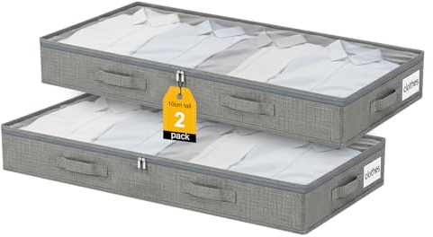 lompyeu 2 Pezzi Contenitori sottoletto,50L Scatole Pieghevoli Portavestiti con Finestra Frontale Trasparente,Scatole con Coperchio per Trapunte Coperte, Scarpe, Beige,100 x 50 x 10 cm