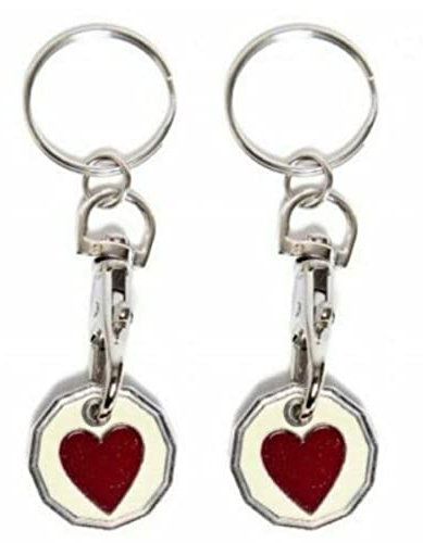 Fabulouz 2pc Shopping Trolley Token Set | New £1 Pound Coin Trolley Token | Supermarket Cart Shopping Trolleys Keyring | Trolley Coin Key Ring | Valentine Gift For Her | Trolly Coin Uk | HEART DESIGN