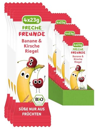 FRECHE FREUNDE Bio Fruchtriegel Banane & Kirsche, Obst Riegel für Babys und Kinder ab 1 Jahr, fruchtiger Snack ohne Zuckerzusatz, vegan, laktosefrei, 6er Pack, 6x (4x 23g)