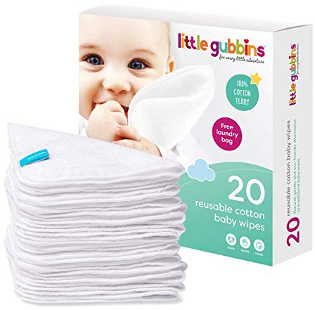 Little Gubbins 20 Cotton Terry Baby Wipes | Pack of 20cm x 20cm Reusable, Soft White Towelling Cloths | Ideal for Mucky Bums, Hands and Faces | 100% natural & Plastic Free