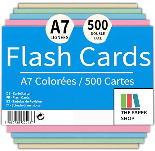 The Paper Shop Fiches de Révision A7 Couleur Lignées - Fiches Bristol Flash Cards (500 Fiches) | Cartes Mémoire pour École & Révisions | Index Cards Flashcards 12,7 x 7,6 cm - 500 Fiches