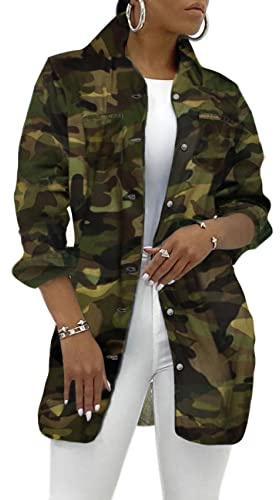 SeNight Women's Camouflage Jacket Casual With Pockets Sexy V Neck Long Sleeve Button Down Denim Coat