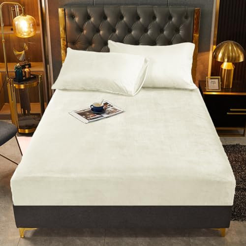 Plüsch Bettlaken 140x200 Beige Weiss Fleece Winter Spannbettlaken Warm 140x200cm Set Boxspringbett Frottee Microfaser Fleece Spannbetttuch Spannbetttücher 140 Leintuch für Hohe Matratze bis 25-30 cm
