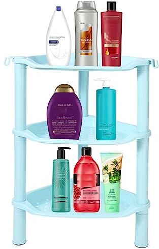 Étagère d'angle de douche à 3 niveaux, 34,9 x 25,4 x 66 cm, antirouille en plastique pour intérieur de salle de bain, baignoire, poêle de douche, bleu (fente ronde bleue à 3 niveaux)
