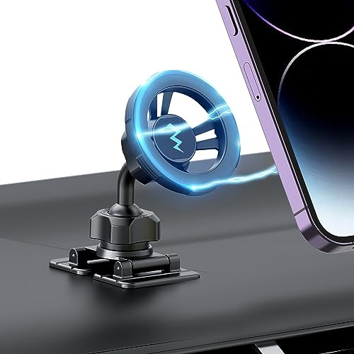 PROfezzion Mag-Safe bilfäste, telefonhållare magnetisk mittkonsol och annan platt yta för iPhone 16 15 14 13 12 Pro Max Plus Mini-serien (Mag-Safe Ring ingår)
