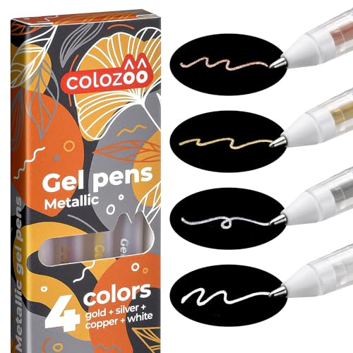 colozoo Set di 4 Penne Gel Metalliche 0,8mm | Estetiche per Carta Nera e Colorata | a Sfera ad Asciugatura Rapida per Disegno incl. Colori Oro, Argento, Rame & Bianco