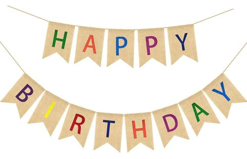 qingmeng Happy Birthday Girlande Banner, Bunte Geburtstag Boho Leinen Deko Dekoration Drieck Flagge Wimpelkette für Geburtstag Geburtstagsfeier Erwachsene, Kinder, Mädchen, Junge，Babydusche