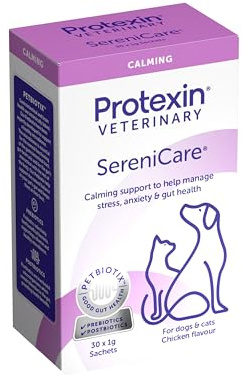 Protexin Veterinary SereniCare Calming Supplement for Dogs & Cats – Daily Sachets for Stress, Separation Anxiety, Fireworks & Travel – Prebiotics, Postbiotics, Peptides & L-Tryptophan – Chicken Flavor